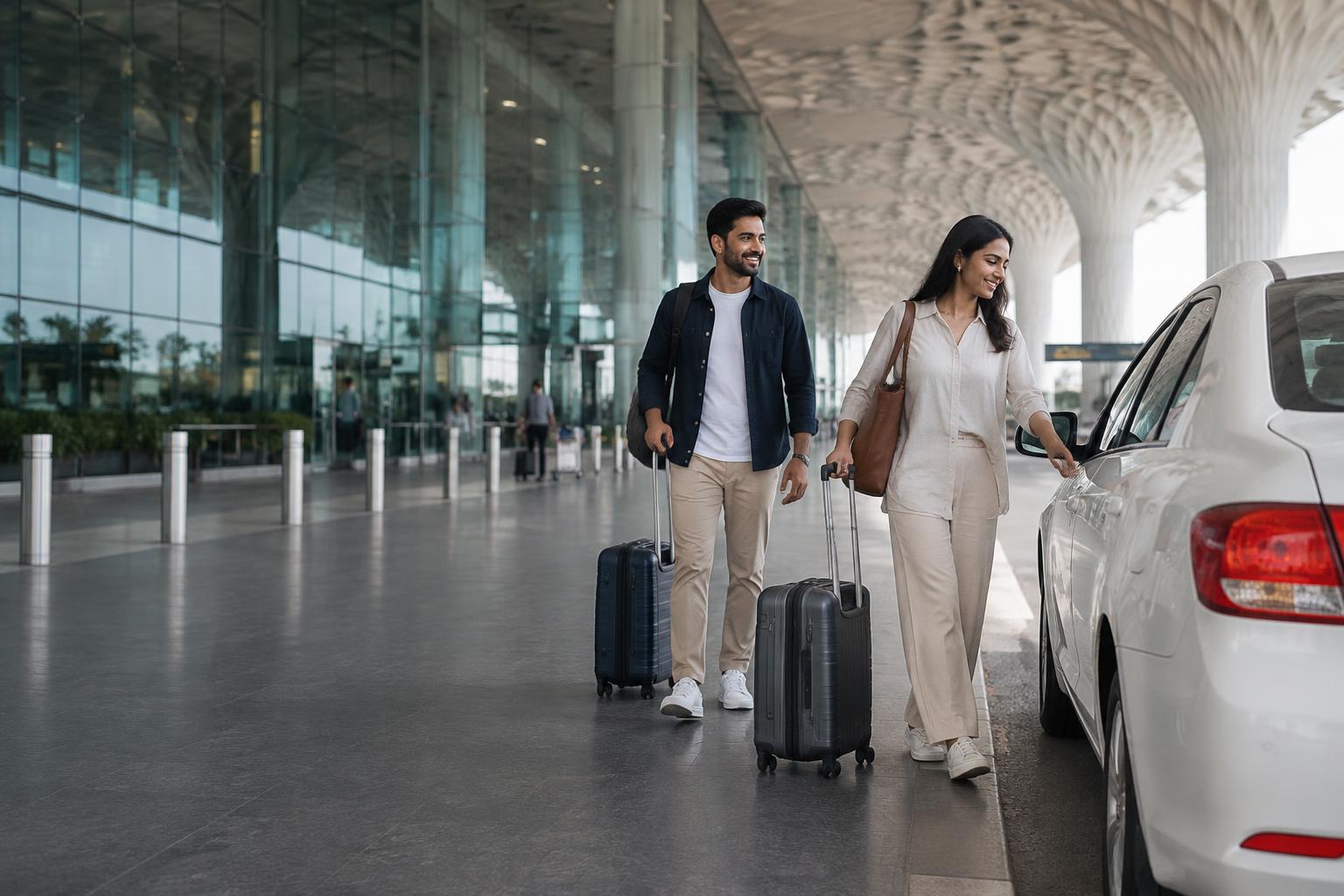 Travelers sharing a cab from airport arrivals